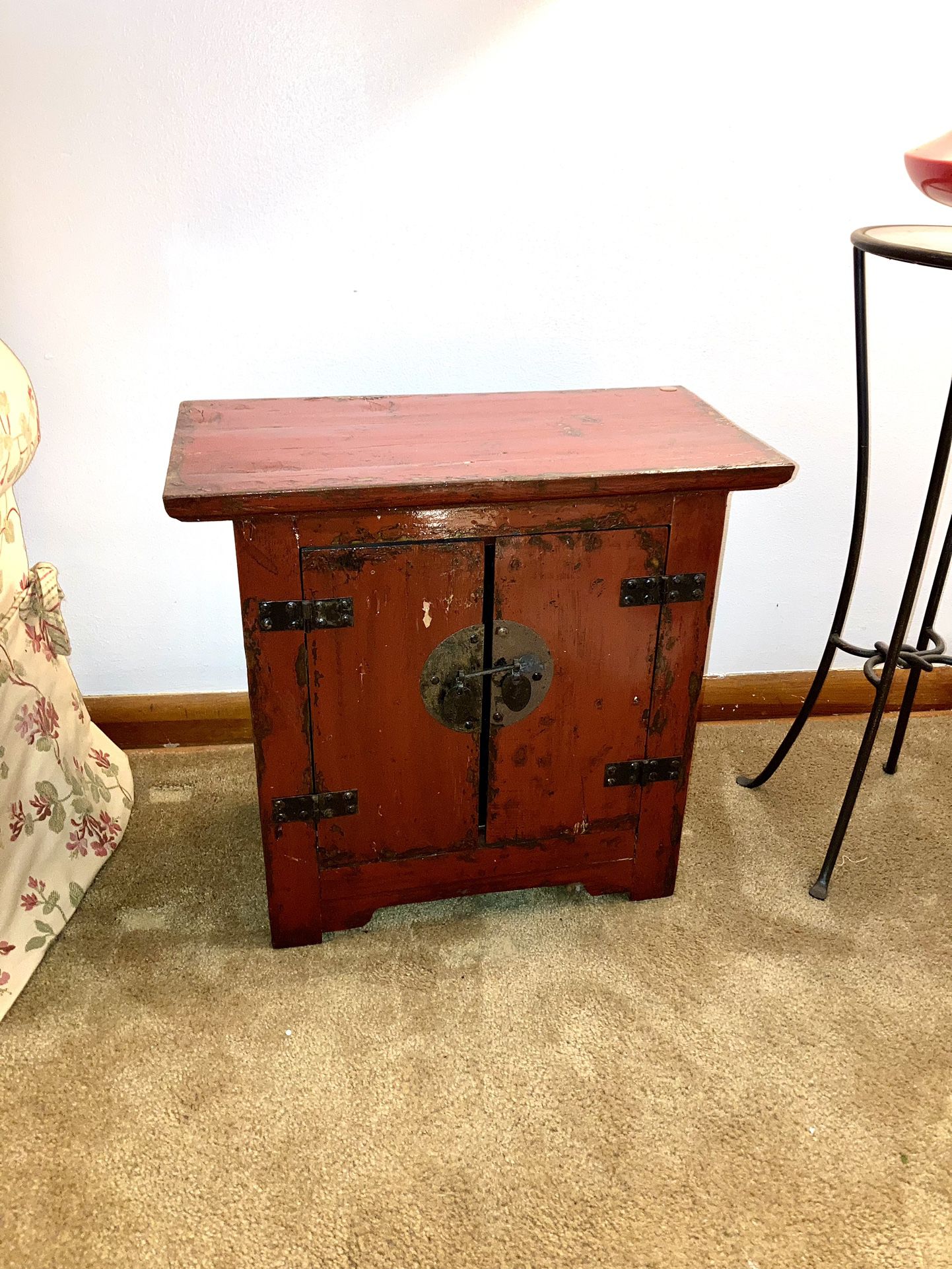 Antique Chinese Red Lacquer Wood Side Cabinet 