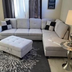 Grey Linen Sectional Couch And Ottoman 