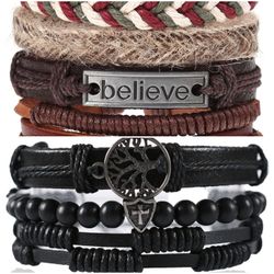 2 x Set Adjust. Size up to 9.5inc Leather Bracelet, (Believe_2-Black)