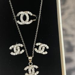 Sterling Silver 925,  Zircon CC Pendant & Earring And Ring. 