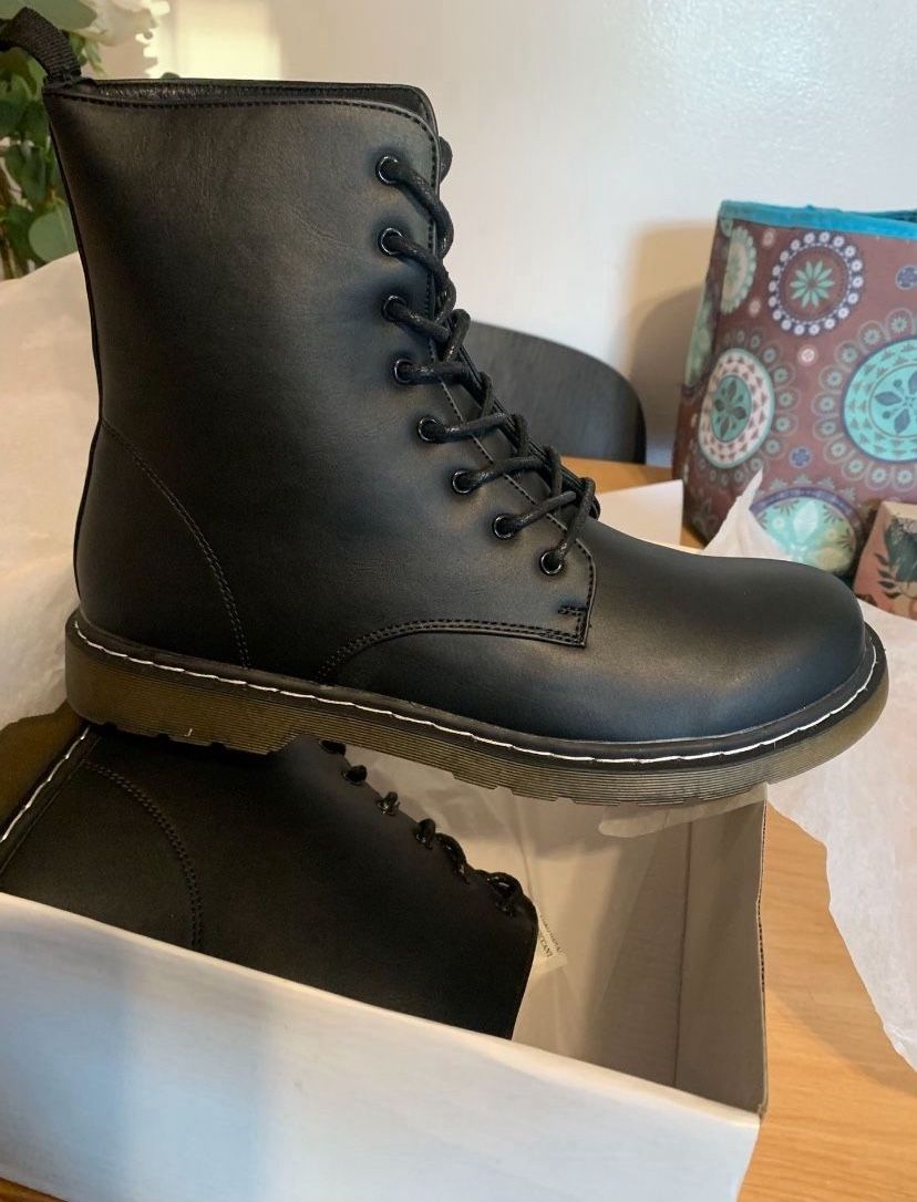 Black Faux Leather Combat Boots