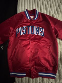 New Detroit Pistons Men Size Medium Mitchell & Ness Light Satin Red Snap Jacket