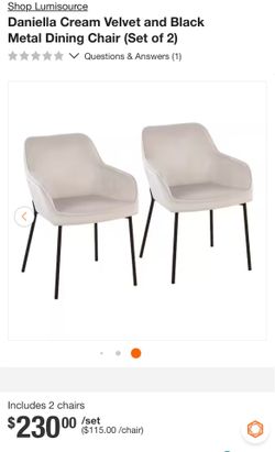 Brand New LumiSource Daniella Cream Velvet Dining Chairs – Set of 2