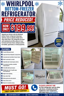 ❄️ WHIRLPOOL BOTTOM-FREEZER REFRIGERATOR – ONLY $199.99! ❄️
Upgrade your kitchen with this Whirlpool bottom-freezer refrigerator featuring a spacious,
