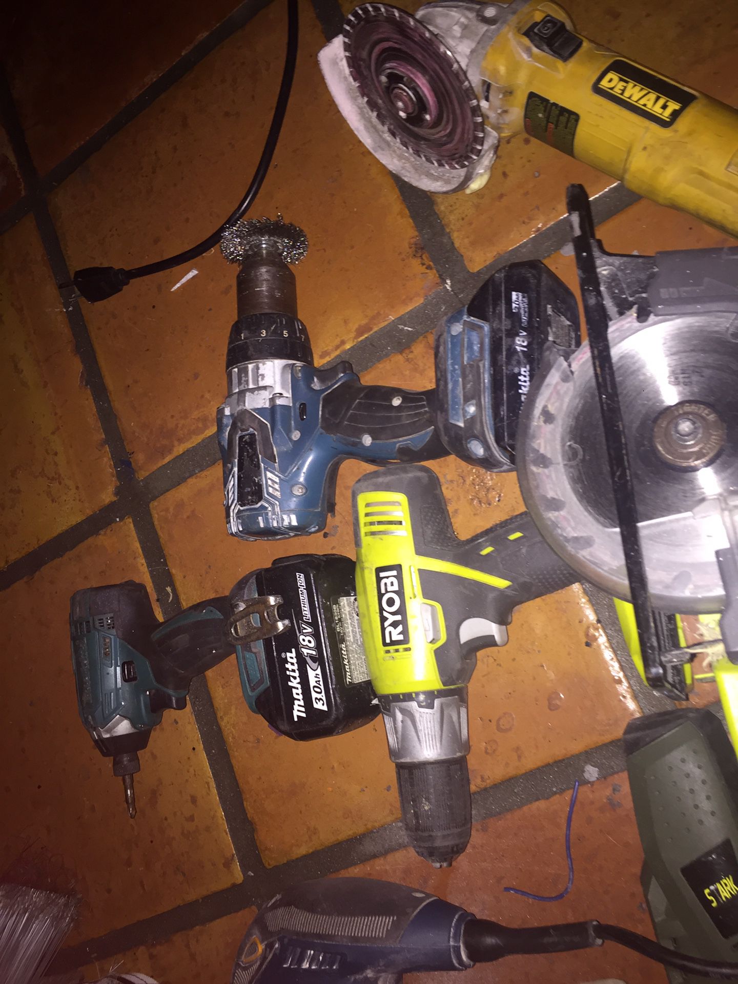 Power tools ... 250 take it all makita impact and drill with charger Ryobi saw with drill two sanders dewalt grinder and power drill stark nail gun