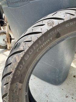 Metzeler front motorcycle tire. This 130/80B17 tubeless bias