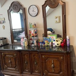 Dresser, Two Matching Night Stands. Marble Top and Double Mirrors