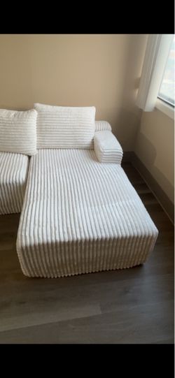 White Corduroy Sectional Sofa with Chaise
