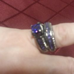 Size 7 2 Piece Silver/Black and Purple Gold Filled Two Tone 5A CZ WEDDING RING SET