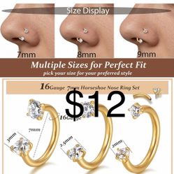  3PCS 20G Horseshoe Nose Ring for Women 7mm 8mm Surgical Steel Double Gem Horse Shoe Hoop Nose Studs Piercing Jewelry Hypoallergenic Silver Gold Septu