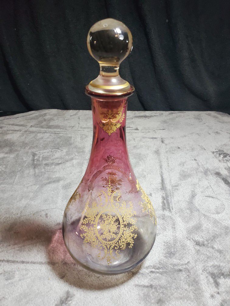 Vtg gold painted embossed floral  glass decanter w stopper