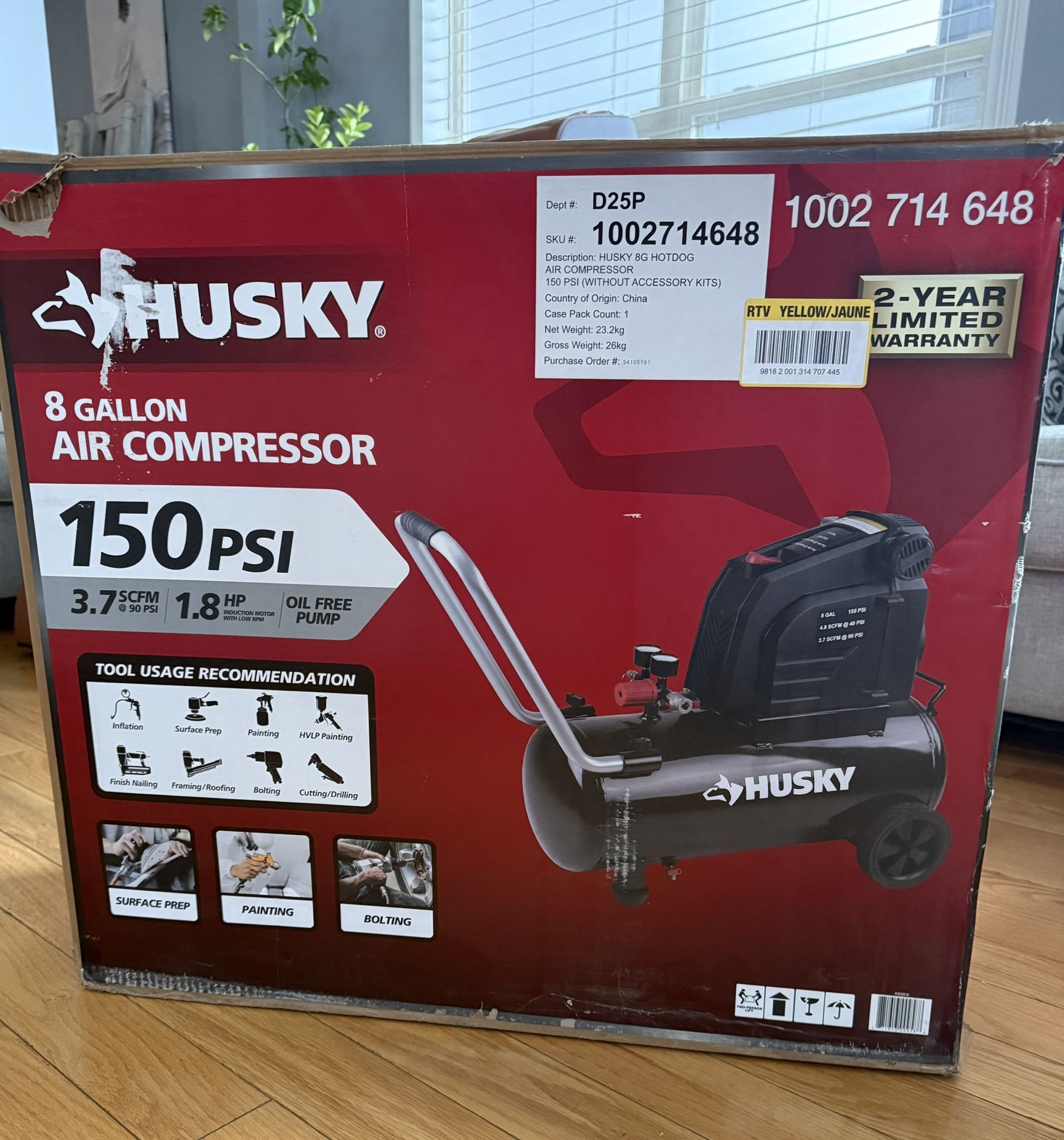 New Husky 8 Gal Air Compressor 150 PSI 
