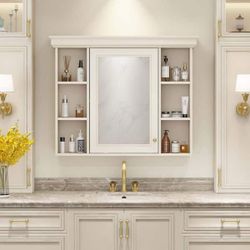 36 in. W x 29 in. H Rectangular Wood Medicine Cabinet with Mirror in Beige