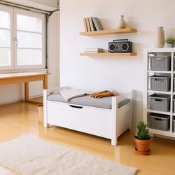 Homy Casa · Brigton 35″ Wooden Storage Chest · White Cushion Bench