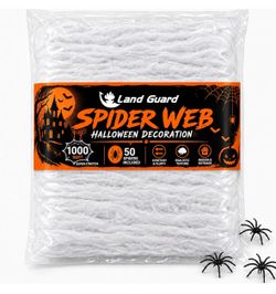 Land Guard Tela de araña de 1000 pies cuadrados, con 50 arañas artificiales, tela de araña, decoración de Halloween para suministros de fiesta en inte