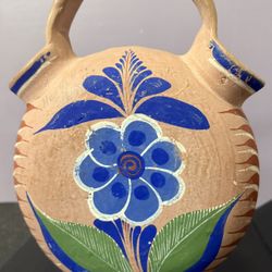  Hand-Painted Mexican Folk Art Terracotta Jug - 11.5" - Fair Vintage Condition