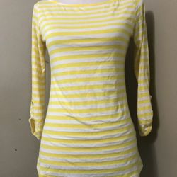 BOBEAU Yellow White Stripe Boatneck Roll Tab Sleeve Stretchy Top Tee Womens S 