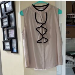 Calvin Klein Taupe and Black Lines Ruffled Sleeveless Blouse