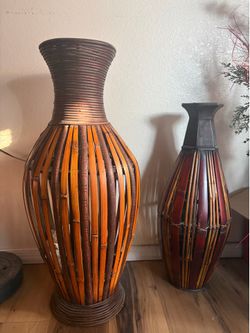Beautiful Vintage Bamboo & Rattan Floor Vases (Set of 2)