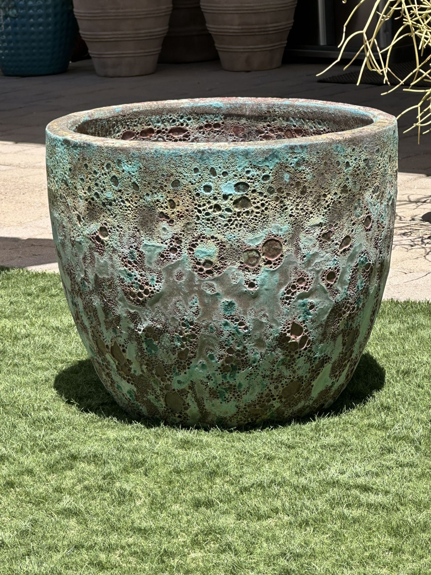 Large 20” x 23” Ceramic Outdoor Planter Pot in Blue Green Glaze, Vietnamese Pottery
