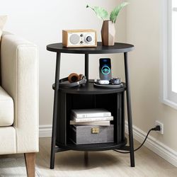 Round Side Table with Storage, Fluted Nightstand with Charging Station, Small Mid-Century Modern Bedside Tables, Black End Tables for Small Space Livi