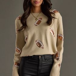 Women's Size L Sequin Football Sweater, Tan, NEW