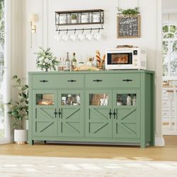 Farmhouse 55.1"W Kitchen Buffet Cabinet with Storage Drawer & Adjustable Shelf, Glass Door Wood Sideboard Credenza Coffee Bar with for Dining Room Liv