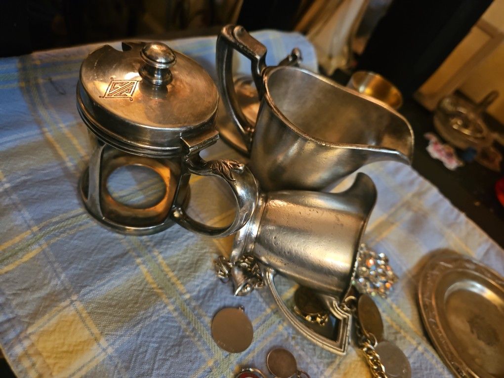 Silver Antique Cups And Holders Plus Plate