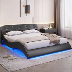 LED Black Faux Leather Queen Bed Frame