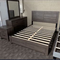 Brown Queen Bed Dresser Nightstand Set 