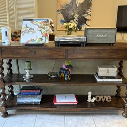 Solid Wood Sofa Table with Shelves – Dark Wood, Like New