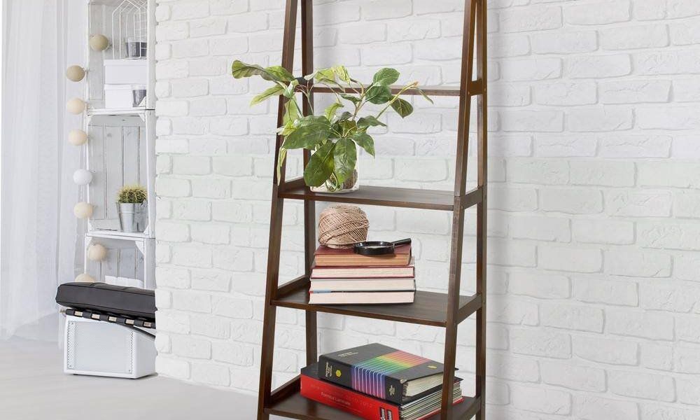 NEW 2 in. Warm Brown Wood 5-shelf Ladder Bookcase
