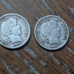 High Grade Barber Dime Pair 1901 And 1912d