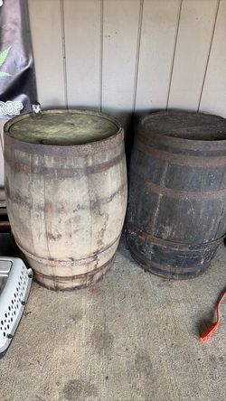 Vintage Wooden Barrels with Metal Bands – Set of 2