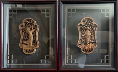 Vintage Chinese Hand-Carved Wood Panels - Framed Pair