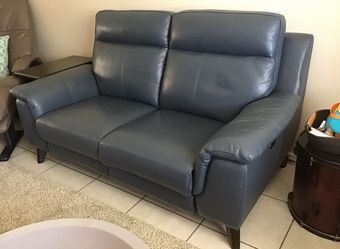 Blue Leather Power Reclining Love Seat, Living Spaces