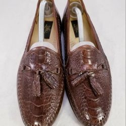 NEW ZELLI OSTRICH LEG LEATHER BROWN TASSELS MEN LOAFERS SLIP ON BROWN SZ 8.5 M