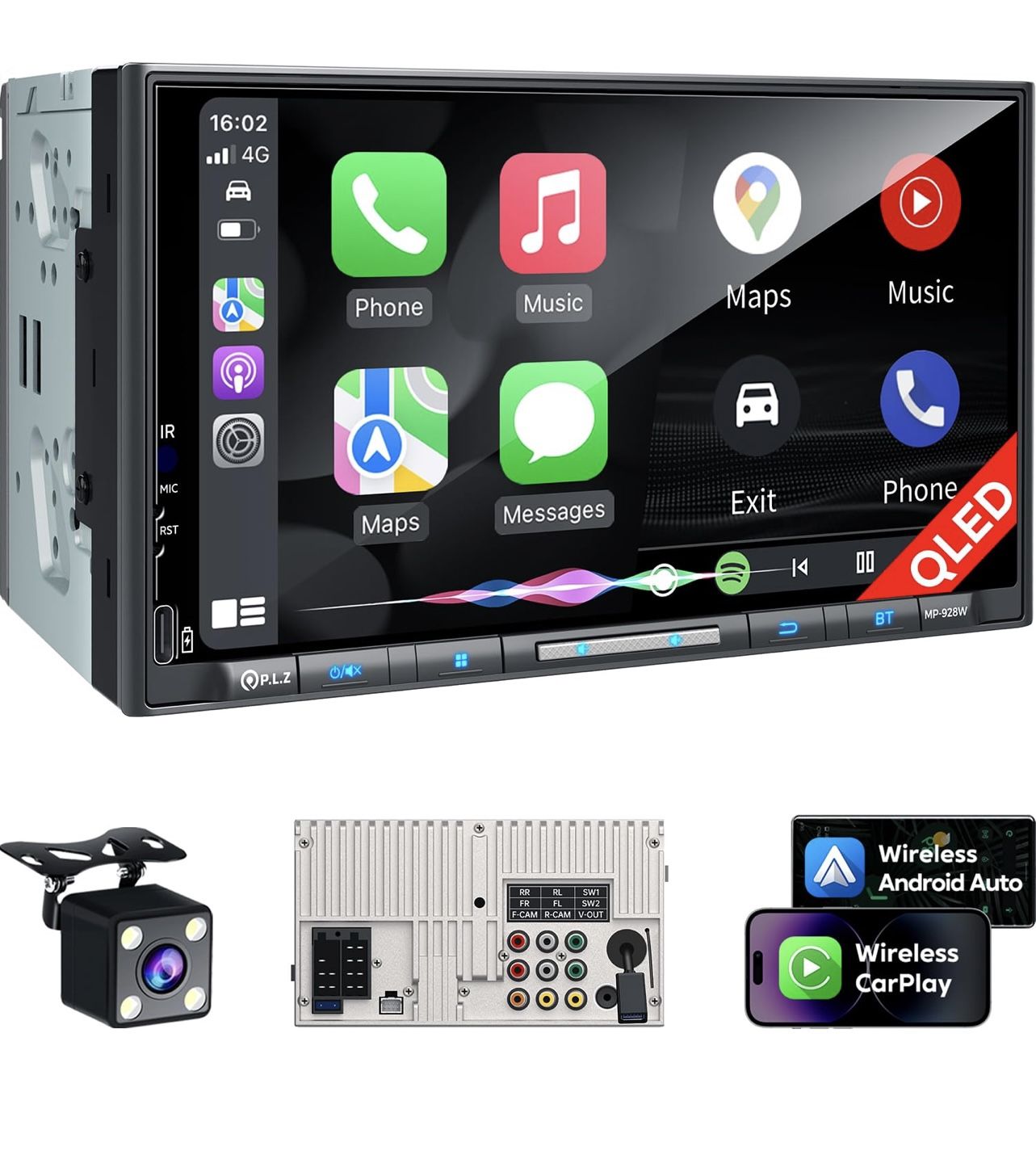 PLZ 7" Wireless Double Din Car Stereo Apple Carplay Radio QLED Screen for Car, Android Auto, Bluetooth 5.3, Fast Charger, 1080P Backup Camera, 4.2 Cha