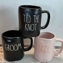 RAE DUNN BRIDE, GROOM, TIED THE KNOT COFFEE MUGS