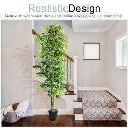 10FT Artificial Ficus Tree with Real-Wood Trunk &
Black Plastic Pot - Low Maintenance Indoor and Outdoor Faux
Plants for Porch, Patio, Li