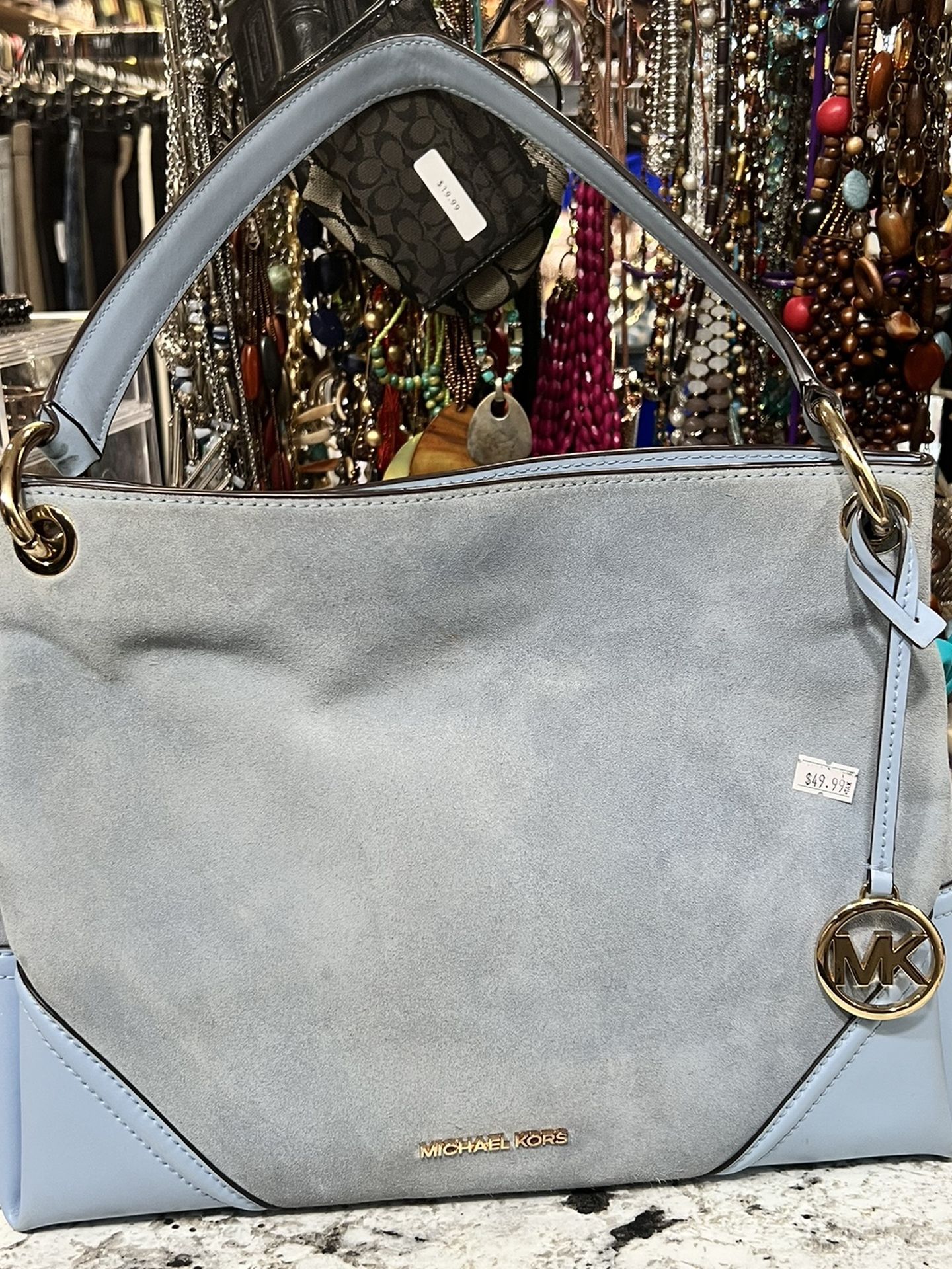 Michael Kors Nicole Medium Leather Suede Shoulder Handbag (Light Skyblue)