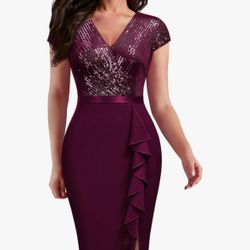 Knitee Women's Sequin Glitter V Neck Contrast Ruffle Slit Evening Party Night Out Cocktail Dress