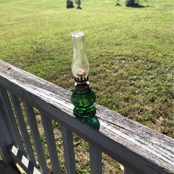 Vintage Miniature Nobnail Green Base With Thick Glass Chimney 