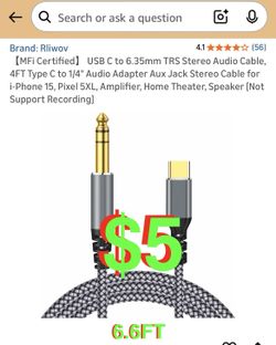 USB C to 6.35mm TRS Stereo Audio Cable, 6.6FT Type C to 1/4" Audio Adapter Aux Jack Stereo Cable for i-Phone 15, Pixel 5XL, Amplifier, Home Theater, S