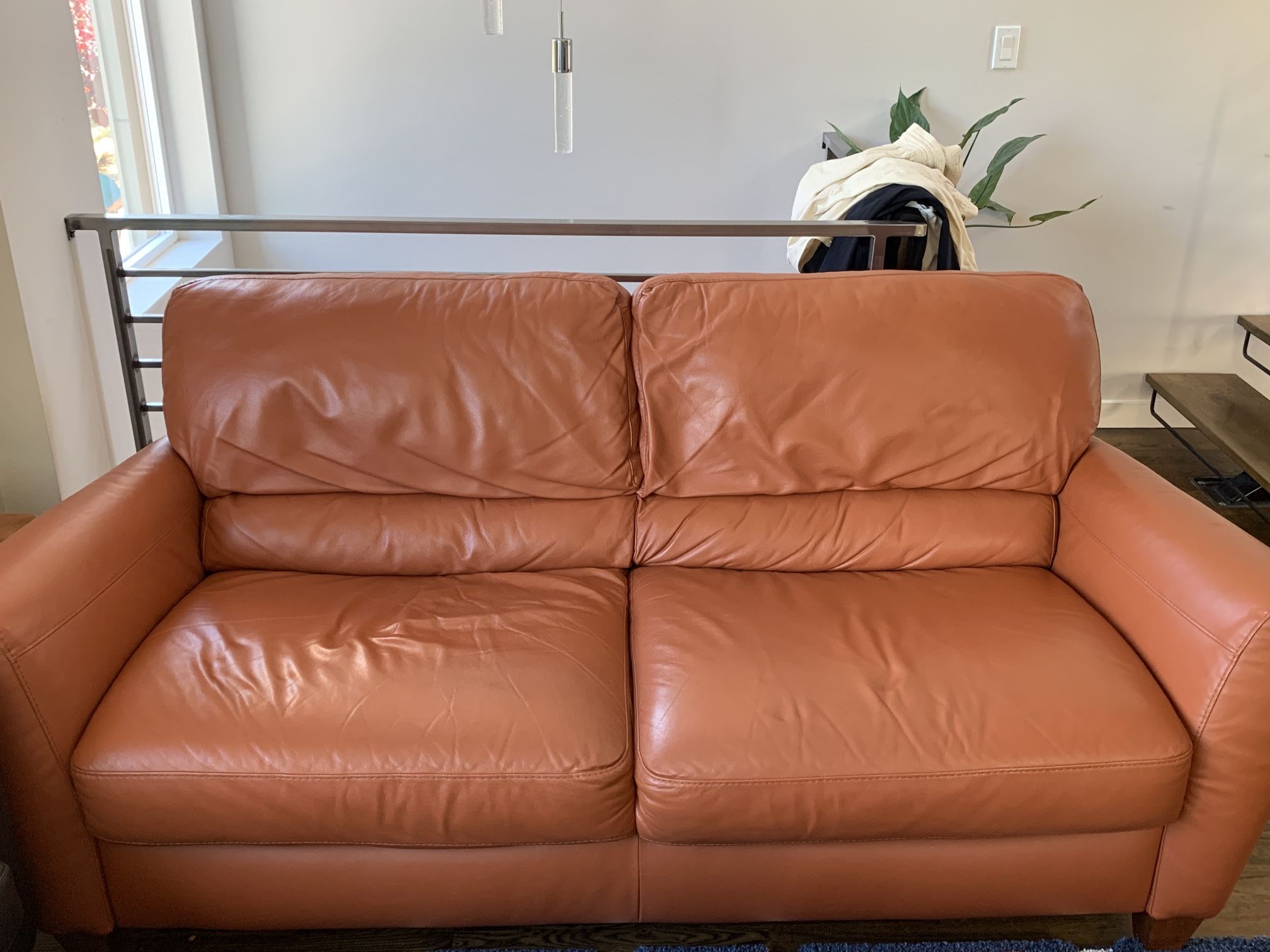 Modern Burnt Orange Leather Couch & Recliner Set