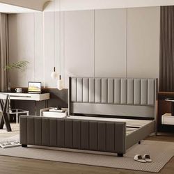 Like New Grey Velvet Upholstered King Size Bed Frame Vertical Channel Headboard & Footboard (See pic