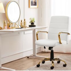 White and Gold Office Chair Mid Back PU Leather Rocking Desk Seat