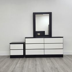 DRESSER WITH MIRROR AND ONE NIGHTSTAND 