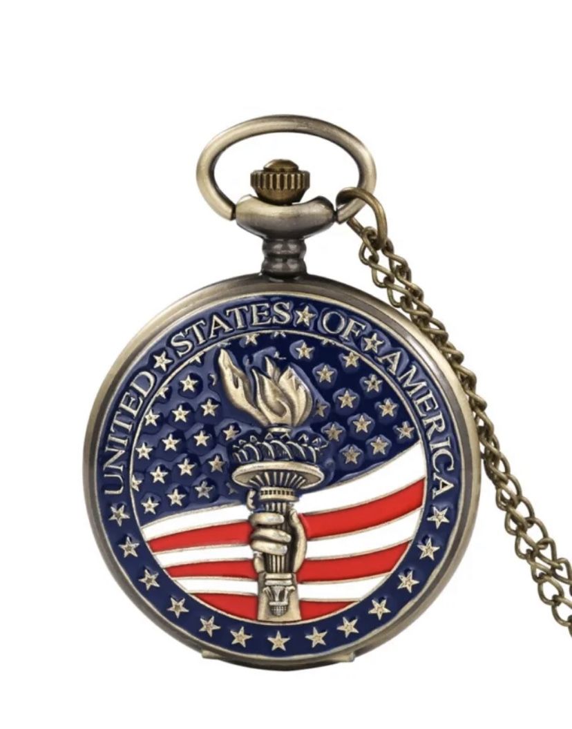 Vintage Quartz Pocket Watch Full Hunter American Flag Golden Statue of Liberty