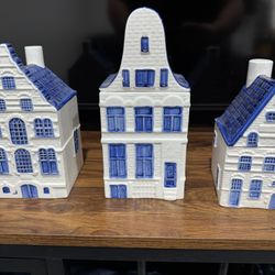 3 Vintage Delft Blue Dutch Canal House Ceramic Lidded Canisters Set .
